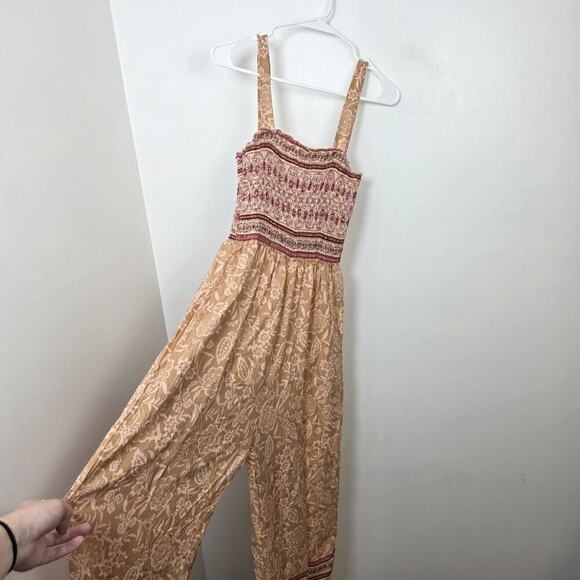 Kindred Pants - Kindred Anthropologie Tan Cream Floral Boho Floral Wide Crop Leg Jumpsuit Sz M